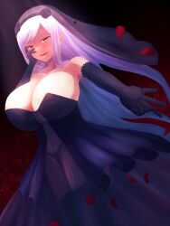  1girl absurdres bare_shoulders black_dress black_lilith_(last_origin) breasts bridal_veil cleavage dress dutch_angle elbow_gloves female_focus gloves highres huge_breasts ituki_gi last_origin long_hair looking_at_viewer solo standing veil wedding_dress 
