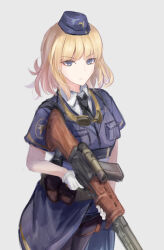 1girl absurdres battle_rifle black_necktie black_pantyhose blonde_hair blue_eyes blue_hat blue_jacket blue_skirt closed_mouth commentary fg42_(girls&#039;_frontline) fg_42 girls&#039;_frontline gloves goggles goggles_around_neck gun hat highres holding holding_gun holding_weapon jacket light_frown looking_at_viewer martinreaction medium_hair military military_uniform necktie pantyhose rifle scope shirt short_sleeves simple_background skirt solo uniform v-shaped_eyebrows weapon white_background white_gloves white_shirt