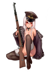  1girl absurdres bad_id bad_pixiv_id bloodcandy bolt_action choker coat convenient_leg cross cross_choker flat_chest fur_coat girls&#039;_frontline gun hair_censor hat highres iron_cross kar98k_(girls&#039;_frontline) looking_at_viewer mauser_98 nude open_clothes open_coat peaked_cap red_eyes rifle sitting solo thighhighs weapon white_background white_hair 