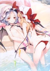 2girls absurdres ass assisted_exposure beach bikini bikini_top_lift black_bikini blonde_hair blue_hair butt_crack cameltoe child_on_child closed_mouth clothes_lift fang fang_out flandre_scarlet flat_chest hat highres incest ke-ta lifting_another&#039;s_clothes loli multiple_girls navel nipples outdoors parted_bangs red_bikini red_eyes remilia_scarlet scan short_hair siblings side-tie_bikini_bottom sisters smile swimsuit tongue touhou untied_bikini water wings yuri rating:Questionable score:98 user:danbooru