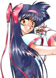  1990s_(style) 1girl ainu_clothes blue_hair breasts brown_eyes clenched_hand fighting_stance fingerless_gloves gloves hair_ribbon highres large_breasts long_hair looking_at_viewer nakoruru parted_lips retro_artstyle ribbon samurai_spirits sideboob snk solo the_king_of_fighters weapon 