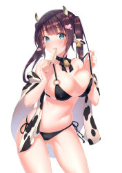 1girl animal_ears animal_print bell neck_bell bikini black_bikini blue_eyes blush breasts brown_hair choker cleavage cow_ears cow_horns cow_print cowbell ear_tag covered_erect_nipples food hair_ornament hairclip heart heart_hair_ornament highres horns large_breasts licking long_hair looking_at_viewer navel o-ring o-ring_top original popsicle ribbon_choker shawl side-tie_bikini_bottom simple_background solo suihei_sen swimsuit tongue tongue_out twintails white_background rating:Questionable score:45 user:danbooru