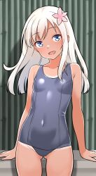  1girl bare_arms bare_legs bare_shoulders black_one-piece_swimsuit blonde_hair blue_eyes blue_one-piece_swimsuit blush breasts covered_navel cowboy_shot flower furaggu_(frag_0416) gluteal_fold hair_flower hair_ornament highres kantai_collection long_hair looking_at_viewer one-piece_swimsuit one-piece_tan open_mouth pink_flower ro-500_(kancolle) school_swimsuit small_breasts smile solo standing swimsuit tan tanline  rating:Sensitive score:11 user:danbooru