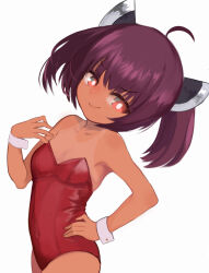  1girl ahoge breasts bright_pupils closed_mouth commentary_request covered_navel cowboy_shot hand_on_own_hip head_tilt headgear leotard looking_at_viewer medium_bangs medium_hair naonaonina red_eyes red_leotard simple_background small_breasts smile solo strapless strapless_leotard tan tanline touhoku_kiritan two_side_up voiceroid white_background white_pupils wrist_cuffs 