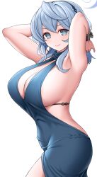  1girl ako_(blue_archive) ako_(dress)_(blue_archive) armpits arms_up asamura_hiori bare_shoulders blue_archive blue_dress blue_eyes blue_hair blush breasts dress hair_between_eyes hairband halo highres huge_breasts looking_at_viewer short_hair sideboob smile solo 