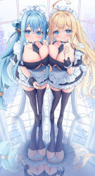  2girls ahoge alternate_costume apron aqua_hair back_bow between_breasts black_dress black_necktie black_thighhighs black_wrist_cuffs blonde_hair blue_eyes blush bow breast_press breasts closed_mouth collarbone commission dot_nose dress enmaided expressionless flower_knight_girl frilled_apron frilled_hairband frilled_wrist_cuffs frills gloriosa_(flower_knight_girl) hair_intakes hairband highres isogiku_(flower_knight_girl) large_breasts legs_together long_hair looking_at_viewer low-tied_long_hair maid mole mole_under_eye multiple_girls necktie necktie_between_breasts oppai_loli panties puffy_sleeves reflection satsuki_yukimi short_dress skeb_commission smile standing symmetrical_docking symmetry thighhighs underboob underwear white_apron white_bow white_hairband white_panties wrist_cuffs 