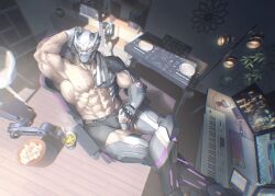  1boy abs arm_behind_head armpits bara book bookshelf can clock cross_scar cup_ramen dai-xt danzo_(live_a_hero) fingerless_gloves floor_lamp full_body gloves guitar helmet highres holding holding_can indoors instrument keyboard_(computer) keyboard_(instrument) large_pectorals live_a_hero looking_to_the_side male_focus male_underwear mechanical_arms mechanical_legs mechanical_parts mixing_console monitor multiple_scars muscular muscular_male navel nipples on_chair parquet_floor pectorals perspective scar scar_on_arm scar_on_chest single_mechanical_arm sitting solo thick_arms topless_male towel towel_around_neck underwear veins veiny_arms yellow_eyes 