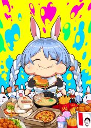 &gt;_&lt; 1girl 5others absurdres animal_ears black_gloves blue_hair bow braid burger carrot_hair_ornament commentary_request eating egg food food-themed_hair_ornament food_on_face french_fries fried_chicken fur-trimmed_gloves fur_trim gloves hair_bow hair_ornament highres holding holding_burger holding_food hololive kfc logo_parody mcdonald&#039;s multiple_others nabenabe3104 noodles pekomon_(usada_pekora) pizza plate rabbit_ears rabbit_girl seaweed tears twin_braids udon usada_pekora virtual_youtuber wcdonald&#039;s white_hair yagoo