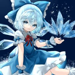  1girl :3 arm_support blue_background blue_bow blue_dress blue_eyes blue_hair bow cirno collared_shirt commentary dot_nose double-parted_bangs dress feet_out_of_frame flat_chest frilled_dress frilled_socks frills hair_bow head_tilt highres ice ice_shard ice_wings knees_together_feet_apart light_blue_hair looking_at_viewer medium_hair mikan_(manmarumikan) neck_ribbon puffy_short_sleeves puffy_sleeves red_ribbon ribbon shirt short_sleeves sitting sleeve_bow socks solo sparkle touhou white_shirt white_socks wings wrist_cuffs 