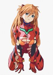  1girl all_fours arm_support blue_eyes bodysuit breasts brown_hair cleavage evangelion:_3.0+1.0_thrice_upon_a_time expressionless full_body hair_ornament highres long_hair neon_genesis_evangelion plugsuit rebuild_of_evangelion shiren skin_tight solo souryuu_asuka_langley thigh_gap torn_bodysuit torn_clothes two_side_up 