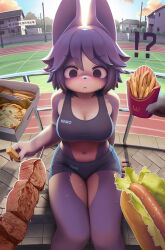 !? 1girl :&lt; absurdres backlighting breasts building claws cleavage food french_fries furry furry_female highres holding holding_food hot_dog kebab legs_together lyc meat medium_breasts navel original outdoors pizza power_lines purple_eyes purple_hair railing running_track shadow sitting solo_focus sports_bikini sportswear sweat tareme wcdonald&#039;s  rating:Sensitive score:15 user:romantic_colors