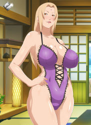  1girl absurdres bare_shoulders blonde_hair blush breasts cleavage edjim female_focus highres large_breasts lingerie long_hair looking_at_viewer mature_female naruto naruto_(series) solo standing thighs tongue tongue_out tsunade_(naruto) underwear yellow_eyes  rating:Questionable score:139 user:DarthDaniel96