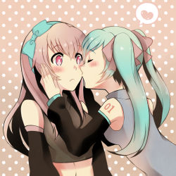 2girls alternate_eye_color aqua_hair bad_id bad_pixiv_id bare_shoulders blush bow closed_eyes collared_shirt couple detached_sleeves embarrassed female_focus hair_bow hair_ribbon hairband hand_on_another&#039;s_face hatsune_miku heart kiss kissing_cheek long_hair looking_at_another megurine_luka midriff multiple_girls nobeko pink_eyes pink_hair polka_dot polka_dot_background ribbon shirt shy sleeveless sleeveless_shirt spoken_heart surprised tattoo twintails upper_body vocaloid yuri rating:Sensitive score:23 user:danbooru