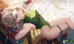  1girl blonde_hair blue_eyes breasts cammy_white candy curvy fingerless_gloves food from_above gloves highleg highleg_leotard highres leotard lollipop looking_at_viewer medium_breasts neorarty scar scar_on_face shiny_skin short_hair sleeveless street_fighter street_fighter_6 thong_leotard wide_hips  rating:Sensitive score:21 user:zombiespacial
