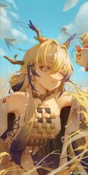  1girl ^^^ arknights arm_up artist_name bare_shoulders belt blonde_hair blurry chinese_commentary closed_mouth commentary_request cowboy_shot day dragon_bubble_(arknights) earrings gradient_hair grey_belt grey_eyes grey_jacket grey_tube_top hair_between_eyes hair_intakes highres holding jacket jewelry leaning_forward light_smile looking_up multicolored_hair necklace nian_(arknights) off_shoulder open_clothes open_jacket outdoors pointy_ears purple_hair shu_(arknights) signature solo strapless tube_top two-tone_hair watermark weibo_logo weibo_watermark wu_tang_mianbao_ren 