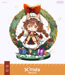1girl :d animal_ears barcode bell blush_stickers bow box braid brown_dress brown_eyes brown_hair cat_ears chibi christmas christmas_wreath copyright_request dress fur-trimmed_dress fur-trimmed_sleeves fur_trim gift gift_box grey_background hair_between_eyes highres long_hair long_sleeves looking_at_viewer open_mouth pantyhose red_bow red_footwear rero_(bigdoorbig2) shoes smile solo sparkle standing standing_on_one_leg striped_clothes striped_pantyhose teeth thick_eyebrows twin_braids upper_teeth_only vertical-striped_clothes vertical-striped_pantyhose very_long_hair wide_sleeves wreath rating:Sensitive score:1 user:danbooru
