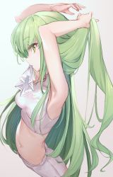  1girl adjusting_hair arched_back armpits arms_up bad_perspective bare_arms bare_shoulders blush breasts c.c. code_geass covered_collarbone cowboy_shot crop_top from_above from_side green_hair highres kyaroru long_arms long_hair looking_at_viewer medium_breasts midriff mouth_hold navel profile shorts simple_background solo stomach tying_hair very_long_hair white_shorts yellow_eyes  rating:Sensitive score:41 user:danbooru