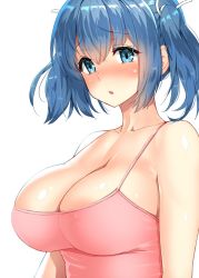 10s 1girl b-ginga bare_shoulders blue_eyes blue_hair blush breasts camisole chestnut_mouth cleavage collarbone covered_erect_nipples embarrassed hair_ornament hair_ribbon kantai_collection large_breasts matching_hair/eyes no_bra open_mouth ribbon short_hair solo souryuu_(kancolle) twintails white_ribbon rating:Questionable score:81 user:danbooru