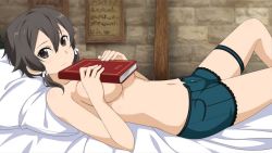  1girl bed_sheet black_eyes black_hair blue_shorts book from_side game_cg hair_ribbon holding holding_book indoors looking_at_viewer lying navel on_back pillow ribbon short_hair_with_long_locks short_shorts shorts sidelocks sinon sinon_(sao:hf) solo sword_art_online thigh_strap topless white_ribbon  rating:Questionable score:67 user:Hyuuchiha
