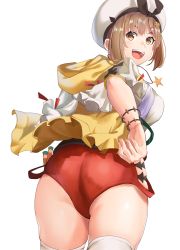 1girl absurdres artist_request ass atelier_(series) atelier_ryza bare_shoulders blush breasts brown_eyes brown_hair from_behind hat highres jewelry large_breasts looking_at_viewer looking_back necklace open_mouth red_shorts reisalin_stout shiny_clothes shiny_skin short_hair short_shorts shorts sideboob smile solo star_(symbol) star_necklace thighhighs rating:Questionable score:7 user:armorcrystal