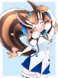 1girl abb2229 absurdres animal_ears blue_background brown_hair chipmunk_ears chipmunk_girl chipmunk_tail extra_ears gloves highres kemono_friends kemono_friends_v_project looking_at_viewer microphone ribbon shirt short_hair shorts siberian_chipmunk_(kemono_friends) simple_background solo tail thighhighs vest virtual_youtuber 