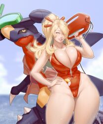  1girl alternate_costume alternate_hairstyle baywatch behind_another blue_sky blurry blurry_background breast_press breasts bursting_breasts cleavage cloud cowboy_shot creatures_(company) curvy cynthia_(pokemon) day front_zipper_swimsuit game_freak garchomp garchomp_(beach) gen_4_pokemon grey_eyes grin hair_ornament hair_over_one_eye half-closed_eyes hand_on_own_hip highleg highleg_swimsuit huge_breasts lifeguard long_hair looking_at_viewer materclaws meme_attire nintendo ocean one-piece_swimsuit open_swimsuit outdoors outline over_shoulder parted_bangs poke_ball_print pokemon pokemon_(creature) pokemon_dppt pokemon_unite ponytail red_one-piece_swimsuit shiny_skin sidelocks sky smile snorkel solo splashing standing swimsuit teeth thick_thighs thighs water_drop wide_hips 