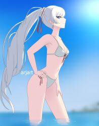  1girl ar_jart bikini blue_eyes blue_sky breasts cleavage commentary dangle_earrings day earrings hand_on_own_hip jewelry long_hair rwby sky small_breasts solo sunlight swimsuit symbol-only_commentary very_long_hair wading water weiss_schnee white_bikini 