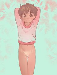  1boy arms_behind_head bar_censor bottomless brown_eyes brown_hair censored flaccid foreskin looking_at_viewer lunaflame male_focus navel original penis shota simple_background small_penis sweater tan testicles thighs yaoi 