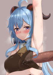 1boy 1girl absurdres arm_up armpit_sex bare_shoulders bell blush breasts censored cowbell cum cum_on_clothes ejaculation_under_clothes erection ganyu_(genshin_impact) genshin_impact goat_horns hetero highres horns light_smile mosaic_censoring paizuri paizuri_under_clothes penis penis_to_breast penis_under_another&#039;s_clothes purple_eyes sex sleeveless solo_focus steaming_body tori_no_ou upper_body rating:Explicit score:230 user:danbooru