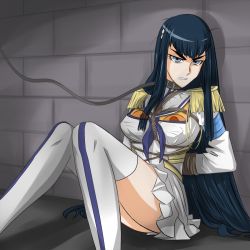  10s 1girl against_wall angry arms_behind_back bdsm black_hair blue_eyes bondage bound breast_bondage breasts collar dress epaulettes eyebrows hair_ornament hairclip highres jatts junketsu kill_la_kill kiryuuin_satsuki knees_together_feet_apart large_breasts leash long_hair rope sitting solo thighhighs  rating:Questionable score:41 user:danbooru