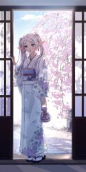  1girl :o architecture bag blue_sky blush cherry_blossoms cloud commentary east_asian_architecture elf english_commentary eyelashes floral_print frieren full_body green_eyes highres hikimayu holding holding_bag japanese_clothes kimono long_hair long_sleeves looking_at_viewer obi obijime omichi_1219 open_mouth opening_door parted_bangs pink_bag pointy_ears purple_sash sandals sash short_eyebrows shouji sky sliding_doors socks solo sousou_no_frieren standing stone_floor stone_lantern tabi teardrop_earrings thick_eyebrows twintails white_hair white_kimono white_socks zouri 
