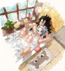  1boy 1girl bad_id bad_pixiv_id breasts cleavage completely_nude fairy_tail from_above gajeel_redfox highres indoors levy_mcgarden long_hair mixed-sex_bathing nude pantherlily plant rusky shared_bathing very_long_hair  rating:Questionable score:25 user:Anon_Perv