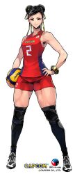  1girl ball capcom chun-li earrings hand_on_own_hip highres jewelry muscular muscular_female muscular_legs nail_polish painted_face smile sportswear street_fighter thick_thighs thighs volleyball volleyball_(object) volleyball_uniform  rating:Sensitive score:15 user:MKfan