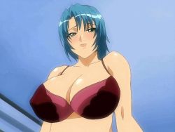 00s animated animated_gif blue_hair blush bouncing_breasts bra bra_pull breasts clothes_pull doki_doki_oyako_lesson green_eyes huge_breasts mature_female nipples satou_nami screencap short_hair underwear rating:Questionable score:73 user:ron2k15