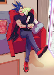  2boys apartment bae_(baebae) blue_hair casual couch galo_thymos green_hair highres indoors lio_fotia male_focus multiple_boys promare shirt sitting sitting_on_lap sitting_on_person sleeping spiked_hair t-shirt  rating:Sensitive score:12 user:danbooru