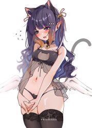1girl absurdres animal_ear_hairband animal_ears artist_name bell black_camisole black_choker black_thighhighs blush breasts camisole cat_cutout cat_ear_hairband cat_ear_panties cat_ears cat_tail choker clothing_cutout cowboy_shot ear_blush fake_animal_ears hair_ornament hair_ribbon hairband hairclip highres hololive hololive_english jingle_bell keisea looking_to_the_side low_wings navel ninomae_ina&#039;nis paid_reward_available panties pointy_ears purple_eyes purple_hair ribbon see-through_camisole simple_background small_breasts solo steepled_fingers tail tentacles thighhighs underwear virtual_youtuber white_background wings