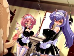  2girls animal_ears bdsm blue_hair blush bondage bound breasts cat_cat_mistress censored cleavage clothed_female_nude_male femdom green_eyes hiyoko_banchou latex maid multiple_girls naughty_face nude penis pink_hair smile tail testicles whip 