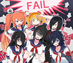  6+girls ? absurdres armband arrow_(symbol) ayano_aishi black_eyes black_gloves black_hair black_skirt black_vest blonde_hair blue_sailor_collar bob_cut bow bowtie breasts collared_shirt commentary controller elbow_gloves fingerless_gloves gloves grey_eyes grey_gloves hair_ornament hair_over_one_eye hair_scrunchie half-closed_eyes hanako_yamada hand_on_another&#039;s_shoulder highres holding holding_controller horuda_puresu jakky_jakigann layered_clothes long_sleeves messy_hair multiple_girls neckerchief nemesis-chan oka_ruto_(yandere_simulator) orange_eyes orange_hair osana_najimi_(yandere_simulator) partially_shaded_face pink_scrunchie polka_dot polka_dot_scrunchie ponytail print_gloves purple_eyes raibaru_fumetsu red_armband red_bow red_bowtie red_eyes red_neckerchief sailor_collar school_uniform scrunchie serafuku shirt short_sleeves short_twintails skirt spider_web_print spoken_question_mark spoken_squiggle squiggle striped_clothes striped_collar sweat twintails vest white_serafuku white_shirt yandere_simulator yellow_eyes 