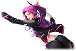  1girl arm_up artist_request ass back black_jacket black_leggings breasts clothing_cutout code_geass code_geass:_lost_stories cornelia_li_britannia cowboy_shot cropped_legs dimples_of_venus dutch_angle earrings female_focus forehead from_behind game_cg hair_intakes hand_up happy highres holding_tennis_racket jacket jewelry leggings lipstick long_hair long_sleeves looking_at_viewer makeup medium_breasts midriff non-web_source official_art pantylines parted_lips pink_trim playing_sports purple_eyes purple_hair purple_lips serving_(sports) shiny_clothes sidelocks simple_background smile solo sports_bra sportswear standing sweat teeth tennis transparent_background white_sports_bra zipper 