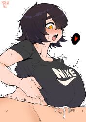  1boy 1girl astrid_(norman_maggot) black_hair breast_hold breasts bulge cum cum_in_clothes ejaculation_under_clothes erection erection_under_clothes from_side heart highres huge_breasts norman_maggot original spoken_heart trembling yellow_eyes 
