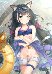  1girl :3 absurdres animal_ear_fluff animal_ears bare_shoulders bikini bikini_top_lift bikini_top_only black_hair blue_bikini blush bow breasts cat_ears cat_girl cat_tail closed_mouth clothes_lift collarbone commentary_request eyewear_on_head frilled_bikini frills green_eyes groin hair_bow heart heart-shaped_pupils highres innertube jacket jumpsuit karyl_(princess_connect!) karyl_(summer)_(princess_connect!) long_hair long_sleeves looking_at_viewer low_twintails lying multicolored_hair navel off_shoulder on_back open_clothes open_fly open_jacket open_shorts princess_connect! pubic_tattoo purple_bow purple_jumpsuit shallow_water short_shorts shorts small_breasts smile solo stomach streaked_hair sunglasses swim_ring swimsuit symbol-shaped_pupils tail tattoo thigh_strap twintails two-tone_hair unzipped very_long_hair water white-framed_eyewear white_hair white_shorts yimiao zipang_(zip@ng_works) 