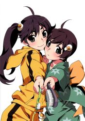  2girls :&lt; ahoge aqua_kimono araragi_karen araragi_tsukihi black_eyes black_hair black_jacket black_pants blush brown_eyes closed_mouth commentary egg_hair_ornament face-to-face floral_print food-themed_hair_ornament fried_egg from_side hair_between_eyes hair_brush hair_ornament heads_together highres holding holding_hair_brush holding_hands holding_toothbrush hood hood_down jacket japanese_clothes kimono long_hair long_sleeves looking_at_viewer looking_to_the_side monogatari_(series) multicolored_clothes multicolored_jacket multiple_girls non-web_source obi official_art outstretched_arm pants sash scan short_hair siblings side_ponytail simple_background single_vertical_stripe sisters smile toothbrush track_jacket track_pants two-tone_jacket two-tone_pants upper_body watanabe_akio white_background yellow_jacket yellow_pants yellow_sash 