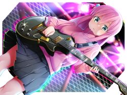  1girl black_skirt blue_eyes bocchi_the_rock! commentary cube_hair_ornament electric_guitar gotoh_hitori guitar hair_ornament highres holding holding_instrument holding_plectrum instrument jacket motsu_momomo pink_hair pink_track_suit pleated_skirt plectrum skirt solo track_jacket 