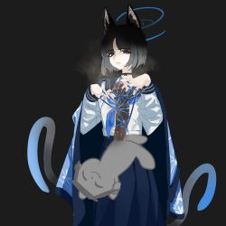  12cat 1boy 1girl absurdres animal_ears black_background black_eyes black_hair black_sailor_collar blue_archive blue_halo blue_neckerchief blue_skirt cat&#039;s_cradle cat_ears cat_tail censored doodle_sensei_(blue_archive) frown halo haori highres japanese_clothes kikyou_(blue_archive) long_sleeves mosaic_censoring multiple_tails neckerchief open_mouth penis pleated_skirt sailor_collar school_uniform sensei_(blue_archive) serafuku short_hair simple_background skirt tail two_tails 