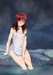  1boy blush bulge erection erection_under_towel erza_scarlet fairy_tail genderswap genderswap_(ftm) highres long_hair male_focus naked_towel pizzachan red_eyes red_hair solo towel trap  rating:Questionable score:48 user:FabricioDias