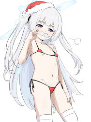  1girl bad_id bad_pixiv_id bikini blue_archive blue_eyes breasts cherino_(blue_archive) christmas collarbone covered_erect_nipples fake_facial_hair fake_mustache female_focus halo highres inakamononanoka loli long_hair looking_at_viewer micro_bikini navel silver_hair simple_background small_breasts solo swimsuit white_background  rating:Questionable score:68 user:danbooru