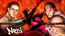  2boys angry_video_game_nerd angry_video_game_nerd_(series) blue_eyes brown_eyes brown_hair capcom fake_screenshot fiery_background fire frown glasses headband jaimito james_rolfe multiple_boys parody power_glove red_background ryu_(street_fighter) street_fighter street_fighter_iv_(series) style_parody vs 