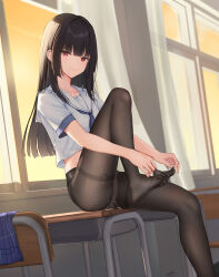  1girl absurdres black_hair black_pantyhose blue_skirt blunt_bangs blush breasts chair chalkboard classroom closed_mouth clothes_lift clothes_pull curtains desk feet foot_out_of_frame highres indoors knee_up legs long_hair looking_at_viewer neckerchief no_pants no_shoes on_desk original panties panties_under_pantyhose pantyhose pleated_skirt red_eyes sailor_collar school_chair school_desk school_uniform serafuku shirt short_sleeves sidelocks sitting skirt skirt_lift skirt_pull smile solo thighband_pantyhose thighs toes underwear uniform unworn_skirt wet wet_clothes white_panties white_shirt window zoppi 