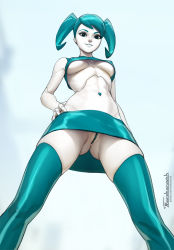 1girl android aqua_skirt aqua_thighhighs arm_at_side artist_name bare_arms bare_shoulders breasts breasts_apart colored_pussy commentary covered_erect_nipples crop_top english_commentary eyebrows feet_out_of_frame female_focus from_below gluteal_fold gradient_background green_eyes green_lips green_pussy green_shirt green_skirt hand_on_own_hip highres jenny_wakeman joints legs_apart lips looking_at_viewer looking_down medium_breasts microskirt midriff miniskirt my_life_as_a_teenage_robot navel navel_piercing no_bra no_panties nose parted_lips piercing pussy shirt short_hair simple_background skirt smile solo standing stomach swept_bangs tarakanovich thighhighs twintails underboob upshirt upskirt white_background zettai_ryouiki rating:Explicit score:503 user:danbooru