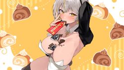  1girl arm_behind_head artist_request black_shrug black_thighhighs blonde_hair breasts candy chocolate chocolate_bar chocolate_on_body chocolate_on_breasts collar food food_on_body grey_hair highres holding holding_food large_breasts leotard luvdia multicolored_hair park_dona second-party_source short_hair shrug_(clothing) solo streaked_hair tan thighhighs virtual_youtuber white_collar white_leotard yellow_eyes 